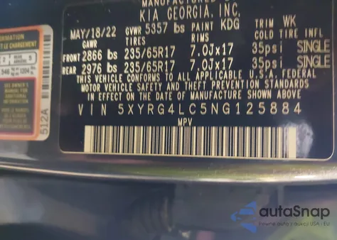 2022 Kia Sorento Lx из США, поврежденный, VIN 5XYRG4LC5NG125884